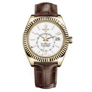 Rolex Sky-Dweller White Dial Automatic 18kt Yellow Gold Leather Strap 326138-0010