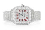 ICED OUT CARTIER WATCH 40MM STEEL FULL MOISSANITE RED ROMAN DIAL