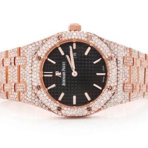 AP WATCH ICED OUT ROYAL OAK 41MM STEEL ROSE GOLD BLACK DIAL FULL MOISSANITE