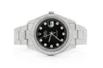ROLEX DATEJUST ICED OUT 41MM SILVER BLACK DIAL AUTOMATIC STAINLESS STEEL WATCH FULL MOISSANITE 16.00CT