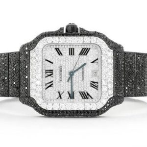CARTIER SANTOS 100XL FULL ICED BLACK MOISSANITE DIAMONDS ROMAN DIAL 40MM WATCH