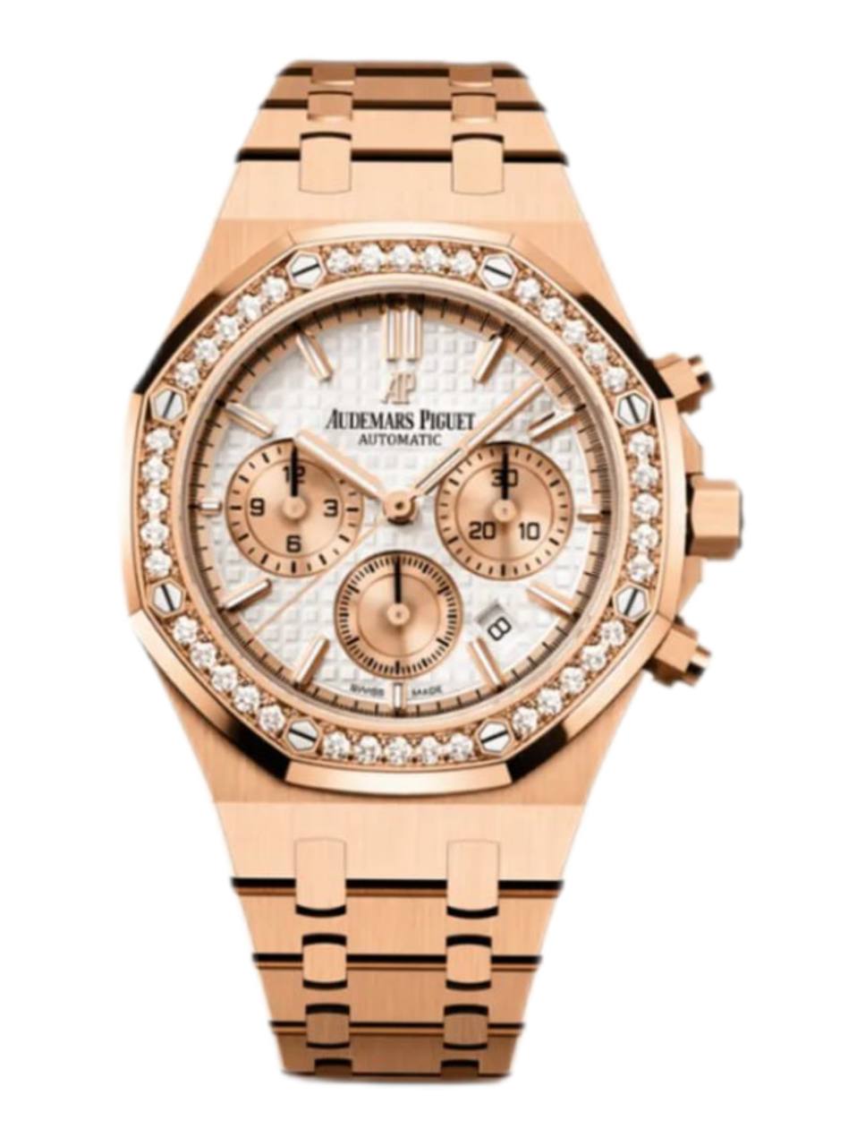 36BC0F27-679A-8669-0F0F-9A76FB7C0142 Audemars Piguet Royal Oak 26315OR.ZZ.1256OR.01 Chronograph Rose Gold Silver Dial Diamond Bezel - Image 1