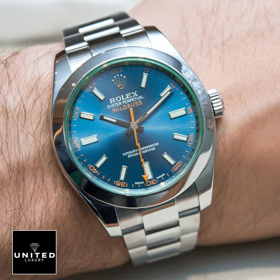 Rolex Milgauss 116400GV-0002 Blue Dial Replica on his arm