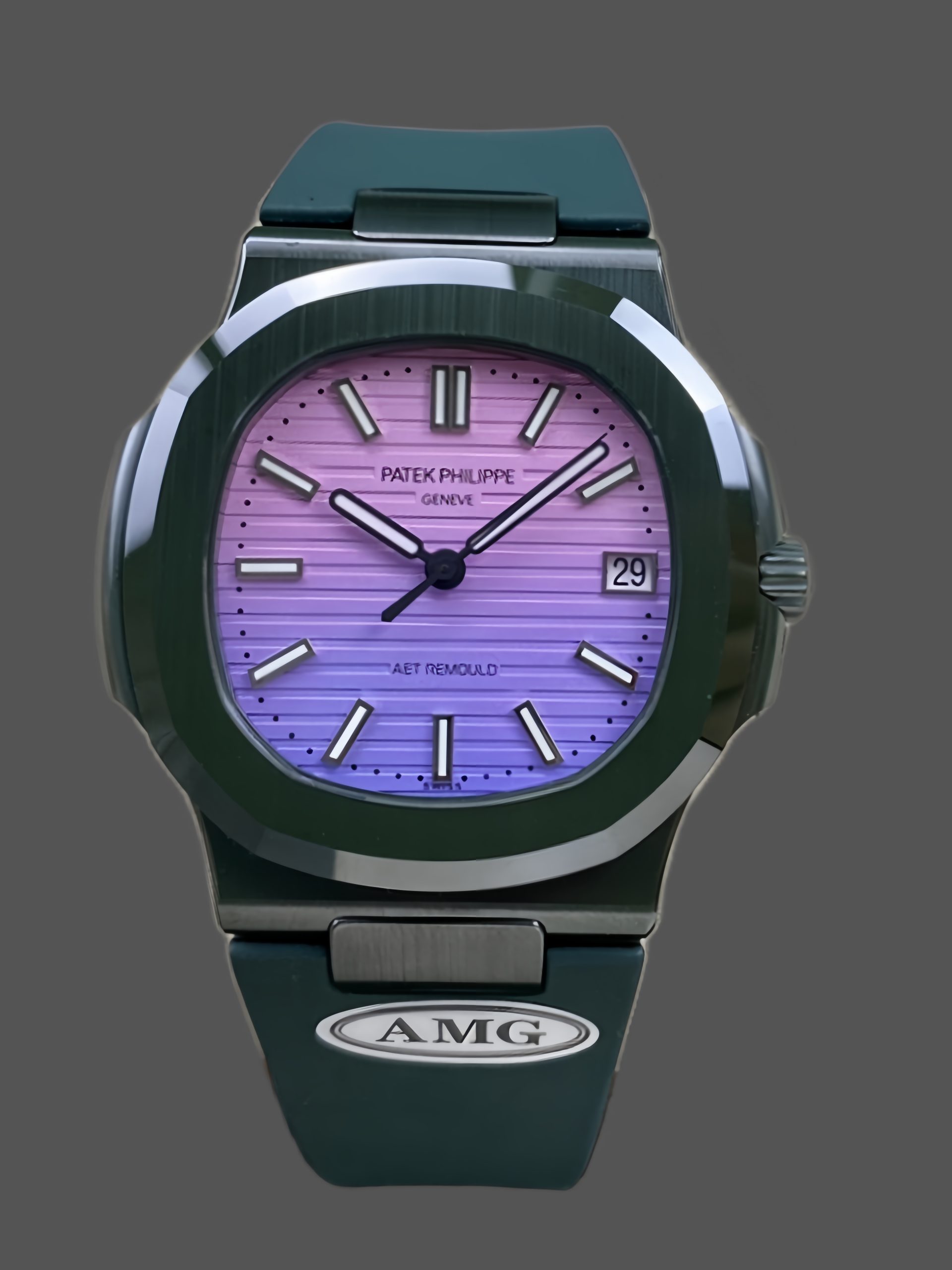 514E9BEB-CFCF-F5C5-EB18-8A26491A8503 Patek Philippe Nautilus Green Rubber Purple Dial 5711 40MM Watch - Image 1
