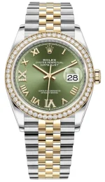 Rolex Datejust 36 Yellow Gold & Diamonds Olive Green Diamond Pave Roman Dial Women's Watch M126283RBR-0011