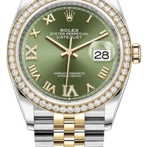 Rolex Datejust 36 Yellow Gold & Diamonds Olive Green Diamond Pave Roman Dial Women's Watch M126283RBR-0011