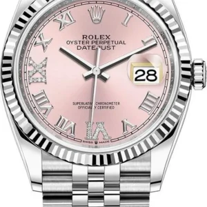 Rolex Datejust 36 Steel & White Gold Pink Diamond Pave Roman Dial Women's Watch M126234-0031
