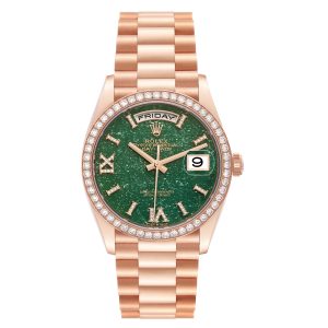 Rolex Day-Date Rose Gold Green Aventurine Diamond-Set Roman Dial Diamond Bezel Women's Watch M128345RBR-0068