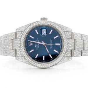 ROLEX ICED OUT DATEJUST 41MM BLUE DIAL AUTOMATIC STAINLESS STEEL WATCH MOISSANITE 21.00CT