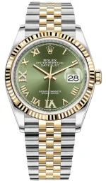 Rolex Datejust 36 Steel & Yellow Gold Olive Green Pave Roman Dial Women's Watch M126233-0025