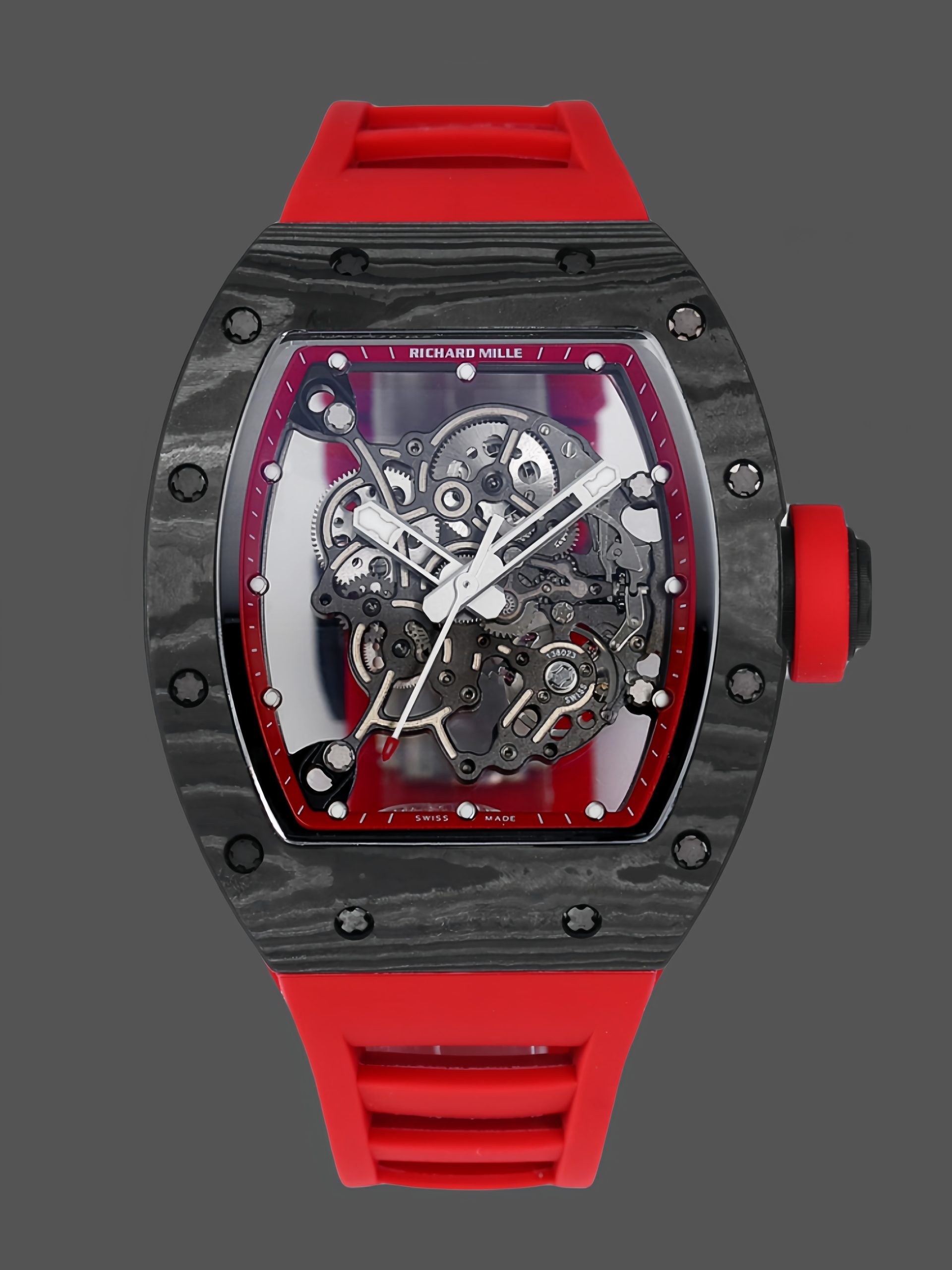91535E5A-BB7A-6CA7-CD48-45E48165DFA9 Richard Miller RM 055 NTPT Carbon Fiber Red Rubber Strap - Image 1
