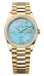 Rolex Day-Date 128348RBR Yellow Gold Diamond Bezel Turquoise Diamond Dial