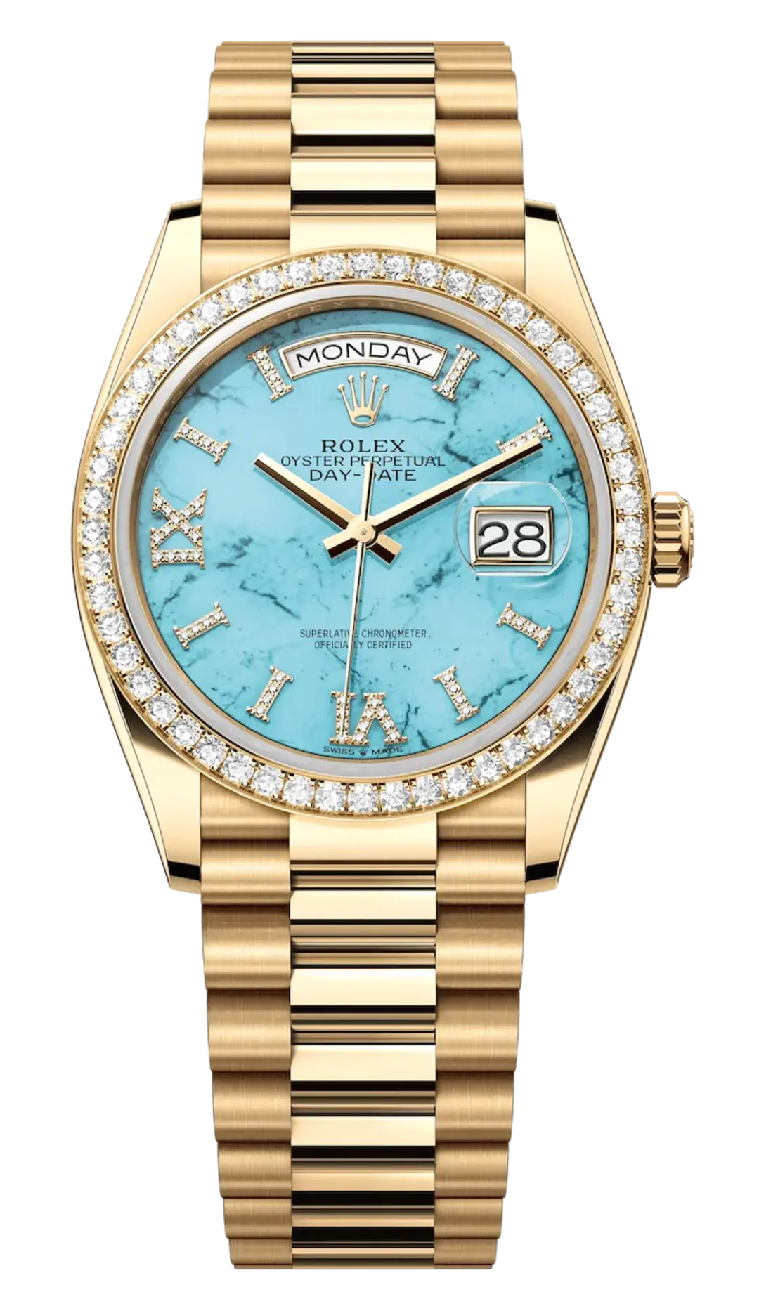 9F8BF2F0-2A05-776D-9535-53037E57B907 Rolex Day-Date 128348RBR Yellow Gold Diamond Bezel Turquoise Diamond Dial - Image 1
