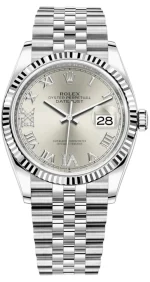 Rolex Datejust 36 Steel & White Gold Silver Diamond Pave Roman Dial Women's Watch M126234-0029