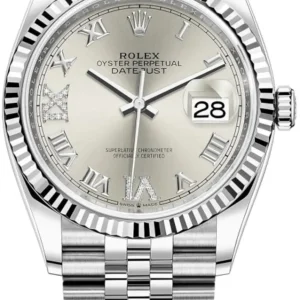 Rolex Datejust 36 Steel & White Gold Silver Diamond Pave Roman Dial Women's Watch M126234-0029