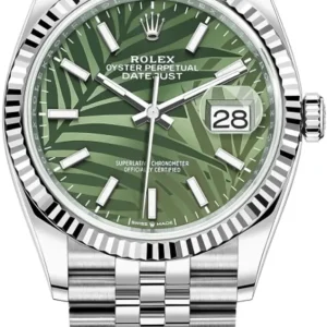 Rolex Datejust 36 Steel & White Gold Olive Green Palm-Motif Dial Women's Watch M126234-0047