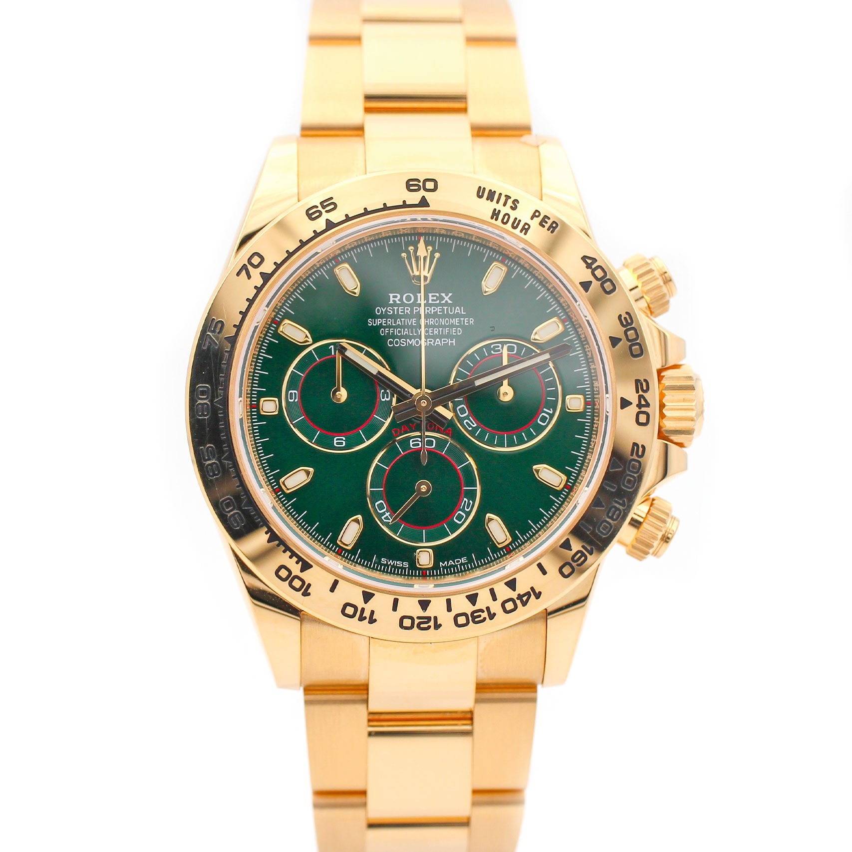 B3EBD9C8-6A50-F297-BD32-10120F5E95F5 Rolex Cosmograph Daytona Oyster Yellow Gold Green Dial 116508-0013 Replica - Image 1