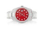 Iced Out Rolex Datejust 36MM SILVER RED DIAL AUTOMATIC MOISSANITE WATCH 14.00CT