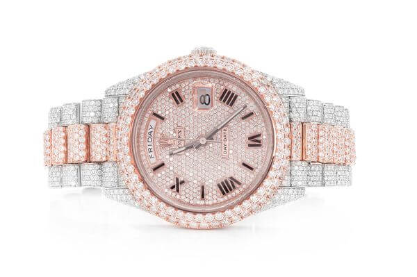BA566FB1-41C1-22AF-E404-4C34C220EF04 ICED OUT ROLEX FOR SALE DAY-DATE 40MM AUTOMATIC WATCH TWO TONE MOISSANITE 23.43ctw - Image 1