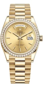 Rolex Day-Date Yellow Gold Champagne Dial Diamond Bezel Women's Watch M128348RBR-0026