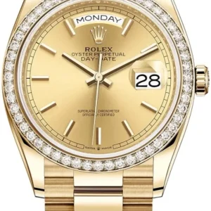 Rolex Day-Date Yellow Gold Champagne Dial Diamond Bezel Women's Watch M128348RBR-0026