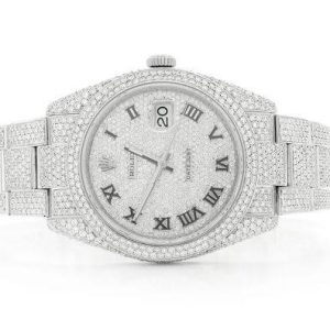 ROLEX DATEJUST ICED OUT 41MM SILVER AUTOMATIC STAINLESS STEEL WATCH FULL MOISSANITE 23.50CT