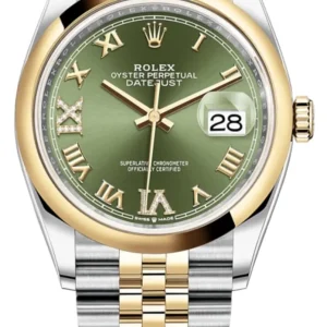 Rolex Datejust 36 Steel & Yellow Gold Olive Green Pave Roman Dial Men's Watch M126203-0025
