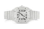 CARTIER WATCH BUST DOWN SANTOS DE 40MM STEEL SILVER FULL ICED VVS MOISSANITE ROMAN DIAL