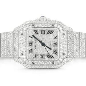 CARTIER WATCH BUST DOWN SANTOS DE 40MM STEEL SILVER FULL ICED VVS MOISSANITE ROMAN DIAL